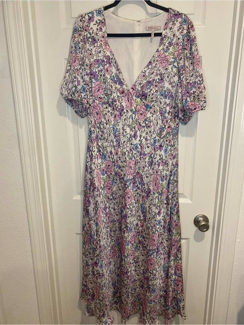 BCBGeneration White Midi Dress with Pink and Purple Floral Print